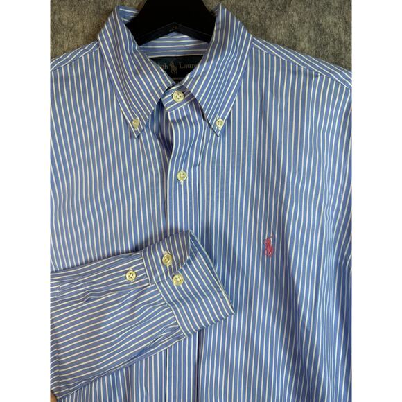 Ralph Lauren Blue White Striped Custom Fit Business Casual Button Down - Medium - Picture 1 of 9